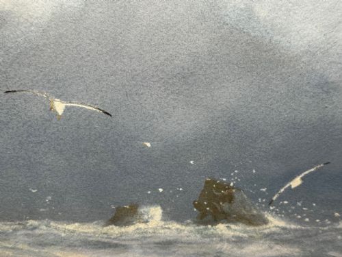 PAINTING SHIP WRECK HIGH TIDE OFF TREBARWITH STRAND BY CHARLES SIM MOTTRAM RBA - ADDITIONAL PHOTO 23