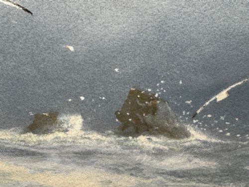 PAINTING SHIP WRECK HIGH TIDE OFF TREBARWITH STRAND BY CHARLES SIM MOTTRAM RBA - ADDITIONAL PHOTO 24