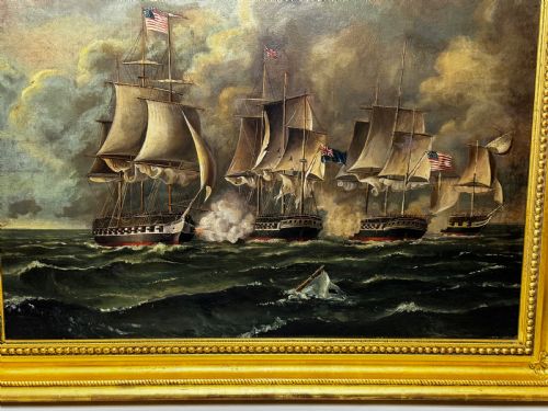 ANTIQUE MARINE OIL PAINTING OLD IRONSIDES USS CONSTITUTION CAPTURES HMS CYANE HMS LEVANT - ADDITIONAL PHOTO 2