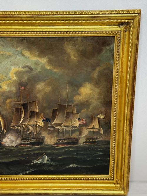 ANTIQUE MARINE OIL PAINTING OLD IRONSIDES USS CONSTITUTION CAPTURES HMS CYANE HMS LEVANT - ADDITIONAL PHOTO 5