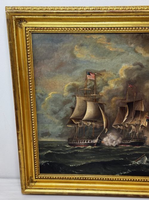 ANTIQUE MARINE OIL PAINTING OLD IRONSIDES USS CONSTITUTION CAPTURES HMS CYANE HMS LEVANT - ADDITIONAL PHOTO 10