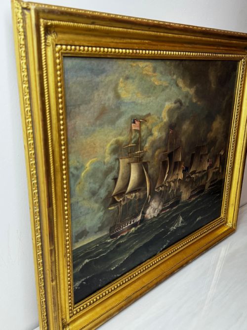 ANTIQUE MARINE OIL PAINTING OLD IRONSIDES USS CONSTITUTION CAPTURES HMS CYANE HMS LEVANT - ADDITIONAL PHOTO 11