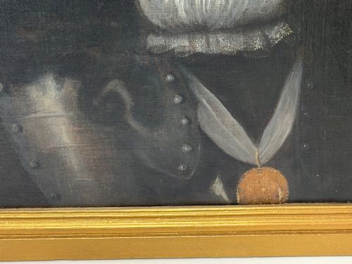 fig 7. A 19th-century framed oil portrait depicting King Charles II wearing armour, a white lace cravat, and the Order of the Garter medallion against a dark background.