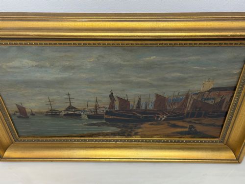 19TH CENTURY COASTAL OIL PAINTING OF NORTH SHIELDS HARBOUR RIVER TYNE OLD LOW LIGHT - ADDITIONAL PHOTO 2