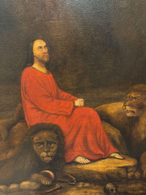 VICTORIAN BIBLICAL NARRATIVE OIL PAINTING DANIEL IN THE LIONS DEN - ADDITIONAL PHOTO 1