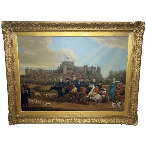 LARGE HUNTING OIL PAINTING KING GEORGE RETURNING FROM WINDSOR CASTLE