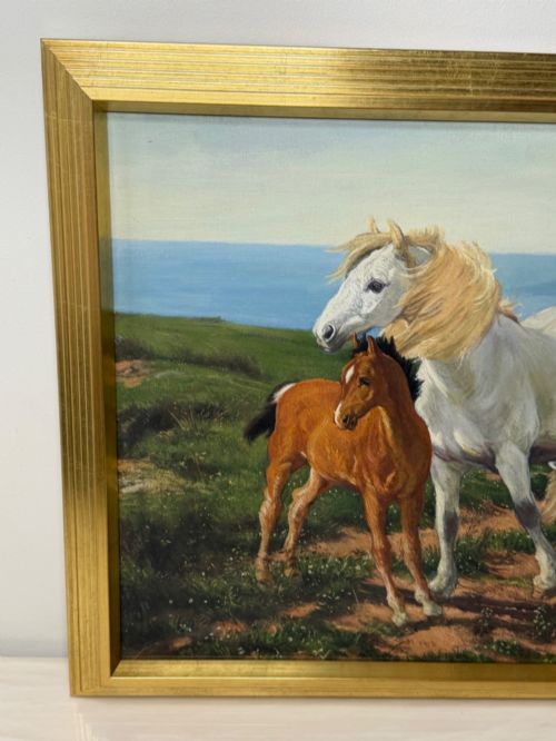 BRITISH EQUESTRIAN OIL PAINTING OF A GREY MARE AND CHESTNUT FOAL - ADDITIONAL PHOTO 4