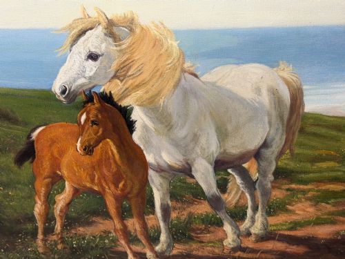 BRITISH EQUESTRIAN OIL PAINTING OF A GREY MARE AND CHESTNUT FOAL - ADDITIONAL PHOTO 8