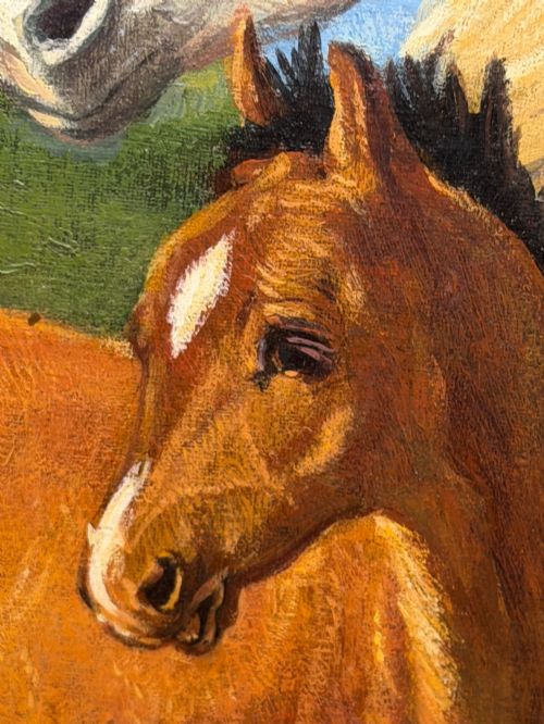 BRITISH EQUESTRIAN OIL PAINTING OF A GREY MARE AND CHESTNUT FOAL - ADDITIONAL PHOTO 12