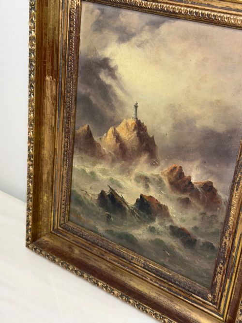 MARINE OIL PAINTING LA CORBIRE LIGHTHOUSE JERSEY WITH SHIPWRECK - ADDITIONAL PHOTO 3