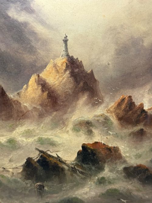 MARINE OIL PAINTING LA CORBIRE LIGHTHOUSE JERSEY WITH SHIPWRECK - ADDITIONAL PHOTO 5