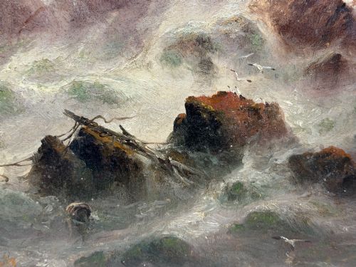 MARINE OIL PAINTING LA CORBIRE LIGHTHOUSE JERSEY WITH SHIPWRECK - ADDITIONAL PHOTO 6