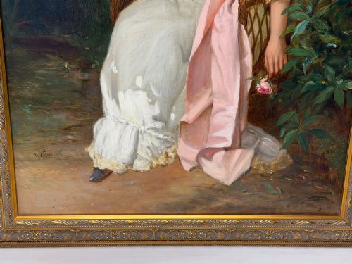 WILLIAM OLIVER SIGNED VICTORIAN OIL PAINTING OF A LADY WITH RED PARASOL CIRCA 1880 - ADDITIONAL PHOTO 1