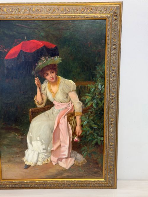 WILLIAM OLIVER SIGNED VICTORIAN OIL PAINTING OF A LADY WITH RED PARASOL CIRCA 1880 - ADDITIONAL PHOTO 2