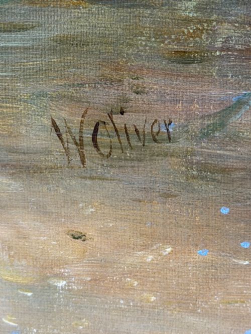 WILLIAM OLIVER SIGNED VICTORIAN OIL PAINTING OF A LADY WITH RED PARASOL CIRCA 1880 - ADDITIONAL PHOTO 4