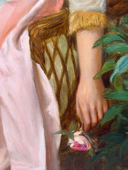 WILLIAM OLIVER SIGNED VICTORIAN OIL PAINTING OF A LADY WITH RED PARASOL CIRCA 1880 - ADDITIONAL PHOTO 8