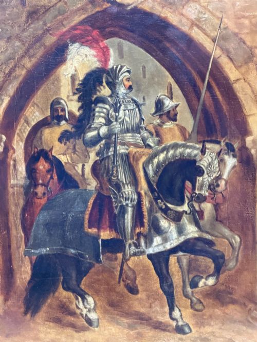 fig 3. An antique oil painting depicting a knight in full armour riding a horse beneath a stone archway, framed in an ornate gilded wood frame.