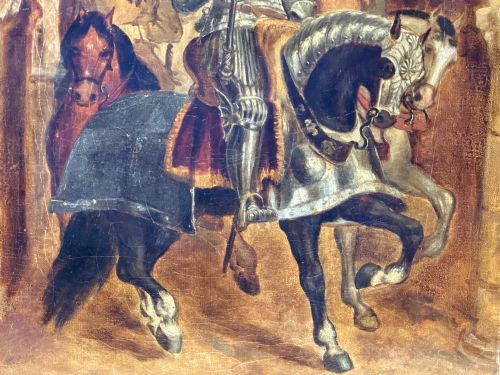fig 4. An antique oil painting depicting a knight in full armour riding a horse beneath a stone archway, framed in an ornate gilded wood frame.
