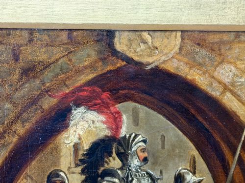 fig 8. An antique oil painting depicting a knight in full armour riding a horse beneath a stone archway, framed in an ornate gilded wood frame.