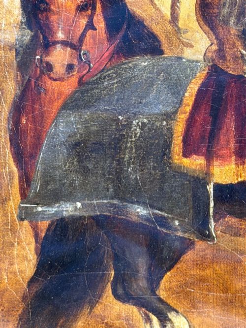 fig 11. An antique oil painting depicting a knight in full armour riding a horse beneath a stone archway, framed in an ornate gilded wood frame.