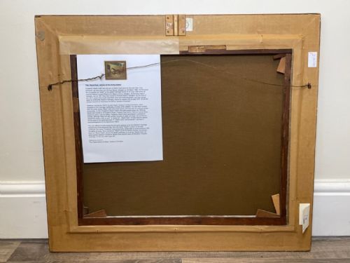 fig 5. A framed oil painting depicting a bay racehorse standing in a stable yard, housed in a moulded dark wood and gilt frame.