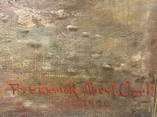 fig 9. A framed oil painting depicting a bay racehorse standing in a stable yard, housed in a moulded dark wood and gilt frame.