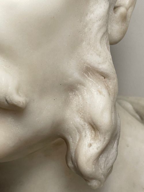 fig 1. A carved off-white marble bust depicting a bald male figure with a prominent moustache wearing classical draped fabric across the shoulders.