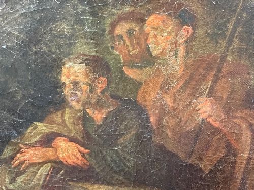 fig 4. An 18th-century oil painting depicting classical figures in a wooded landscape, housed inside a carved gold giltwood frame.
