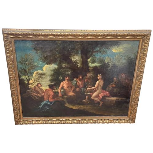 fig 7. An 18th-century oil painting depicting classical figures in a wooded landscape, housed inside a carved gold giltwood frame.