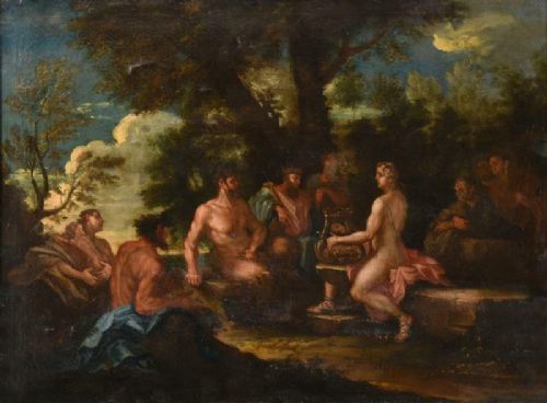 fig 8. An 18th-century oil painting depicting classical figures in a wooded landscape, housed inside a carved gold giltwood frame.