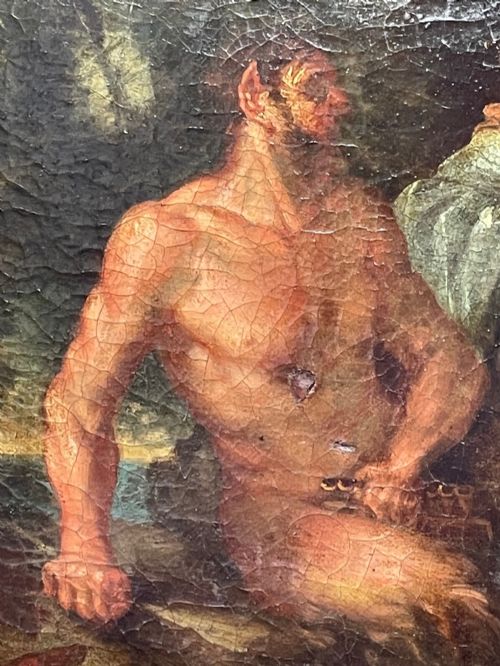 fig 9. An 18th-century oil painting depicting classical figures in a wooded landscape, housed inside a carved gold giltwood frame.