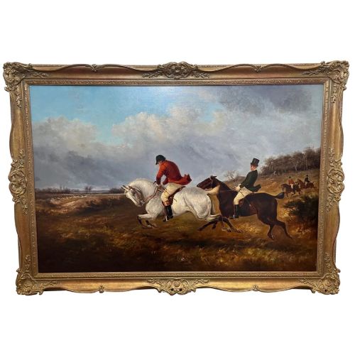 Large Victorian Fox Hunting Grey & Chestnut Horses Galloping Oil Painting by Thomas Smythe