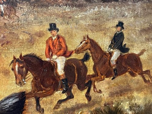 fig 7. An antique Victorian oil painting depicting horse riders in red hunting coats on grey and bay horses, housed within an ornate gilt frame.
