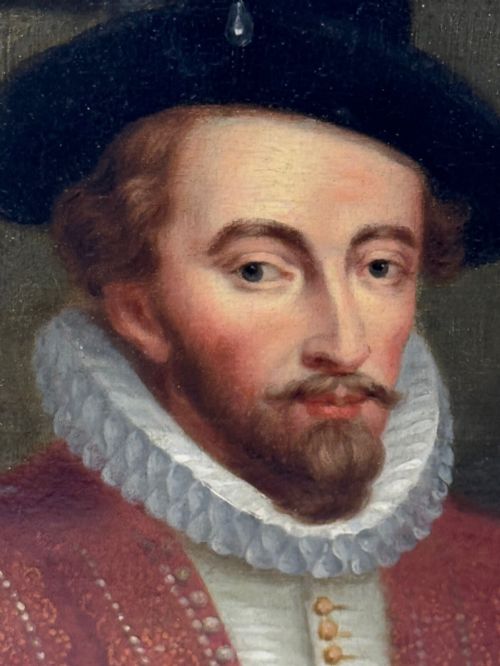 fig 1. An 18th-century oil portrait of a man in a black hat, ruff collar, and crimson doublet set inside a carved gold-gilded frame.