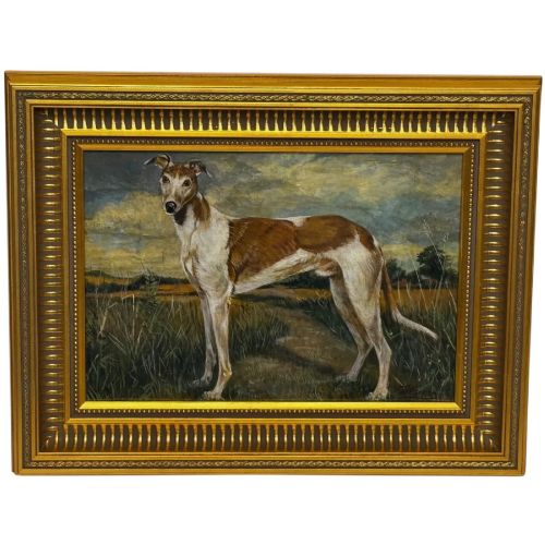 British School Sporting Animal Lurcher Dog Oil Portrait C1910