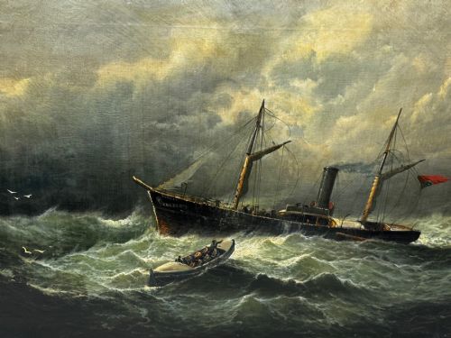 fig 1. A late Victorian oil painting framed in gold depicting a steamship navigating turbulent dark green seas alongside a small rescue boat.