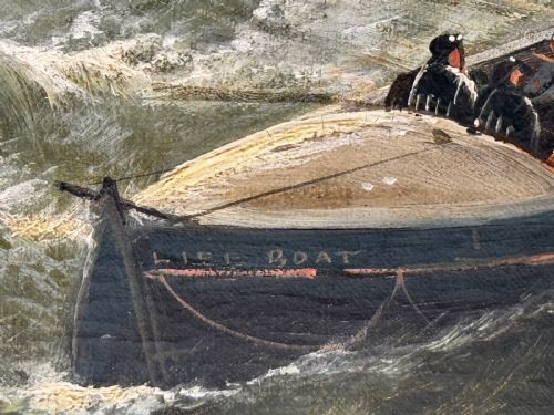 fig 2. A late Victorian oil painting framed in gold depicting a steamship navigating turbulent dark green seas alongside a small rescue boat.