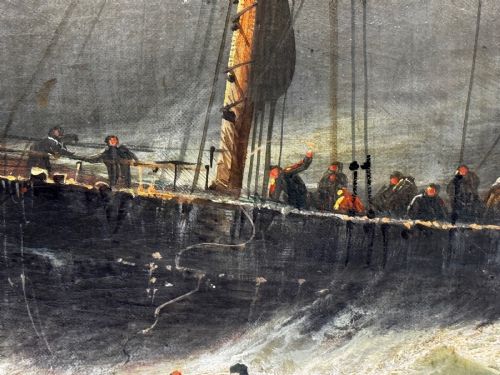 fig 3. A late Victorian oil painting framed in gold depicting a steamship navigating turbulent dark green seas alongside a small rescue boat.