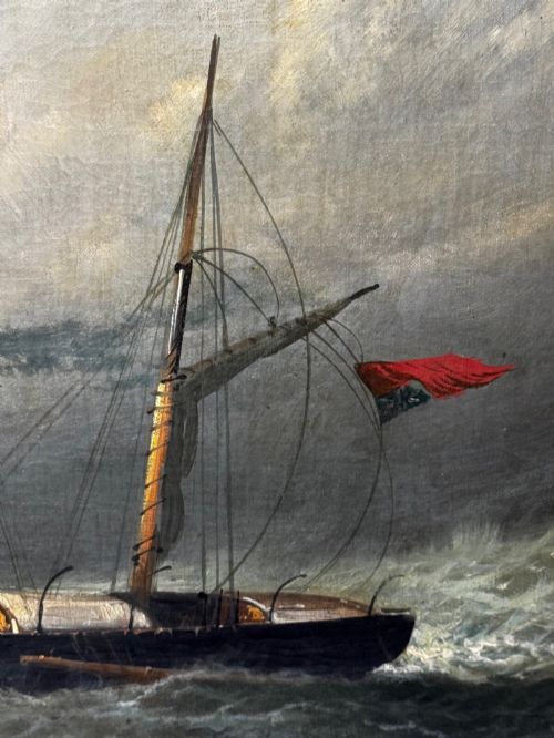 fig 4. A late Victorian oil painting framed in gold depicting a steamship navigating turbulent dark green seas alongside a small rescue boat.