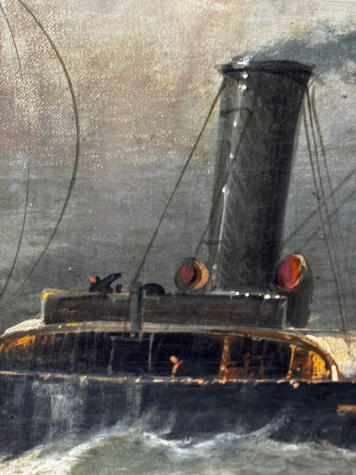 fig 6. A late Victorian oil painting framed in gold depicting a steamship navigating turbulent dark green seas alongside a small rescue boat.