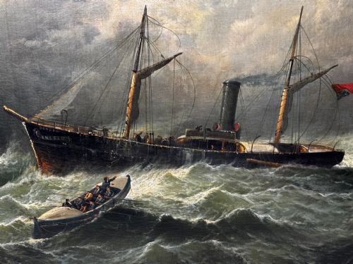 fig 7. A late Victorian oil painting framed in gold depicting a steamship navigating turbulent dark green seas alongside a small rescue boat.