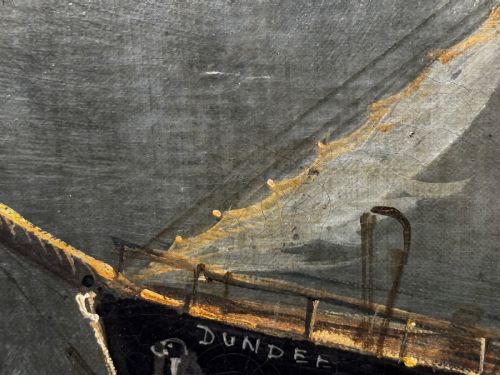 fig 9. A late Victorian oil painting framed in gold depicting a steamship navigating turbulent dark green seas alongside a small rescue boat.