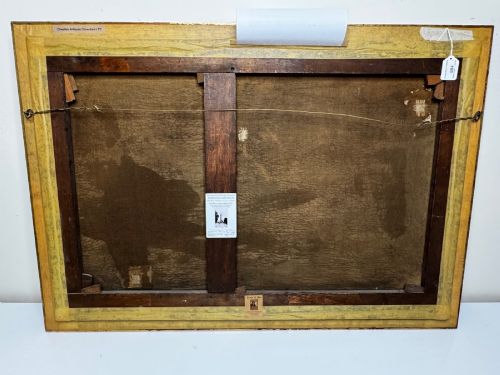 fig 10. A late Victorian oil painting framed in gold depicting a steamship navigating turbulent dark green seas alongside a small rescue boat.
