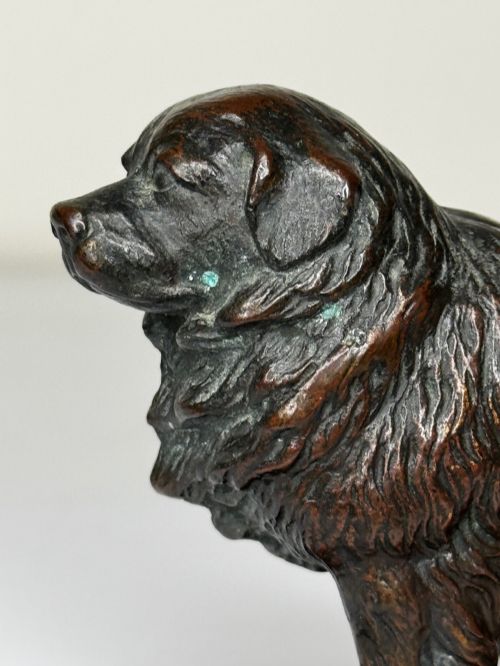 fig 9. A patinated dark bronze sculpture depicting a standing Newfoundland dog positioned on a bevelled rectangular base.