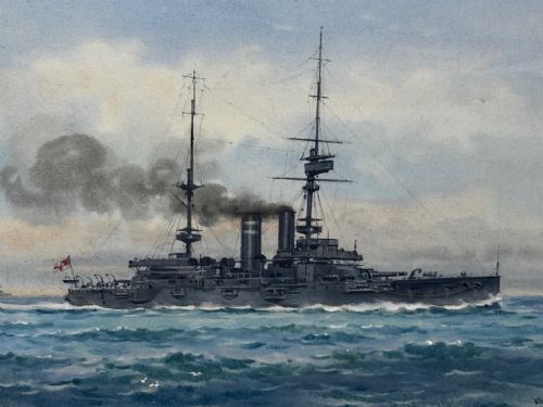 fig 2. A framed watercolour painting depicting the WW1 battleship HMS London at sea, presented in a wide gold gilt frame with a white mount.