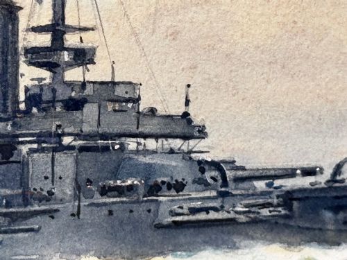 fig 9. A framed watercolour painting depicting the WW1 battleship HMS London at sea, presented in a wide gold gilt frame with a white mount.