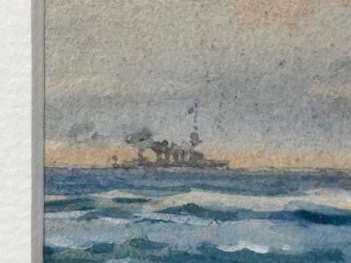 fig 10. A framed watercolour painting depicting the WW1 battleship HMS London at sea, presented in a wide gold gilt frame with a white mount.