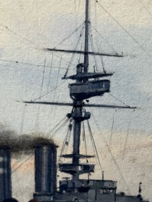 fig 11. A framed watercolour painting depicting the WW1 battleship HMS London at sea, presented in a wide gold gilt frame with a white mount.