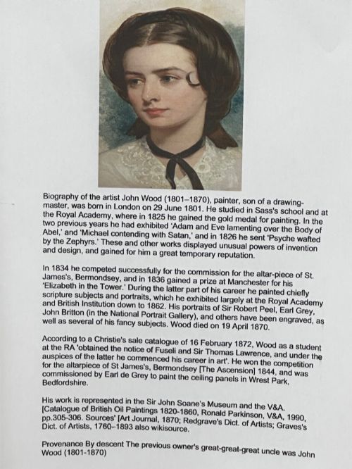 fig 3. A Victorian oil painting on canvas depicting a young woman with dark hair tied with a black ribbon, displayed within an intricate pierced gold gilt frame with an oval aperture.