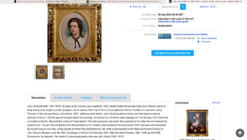 fig 7. A Victorian oil painting on canvas depicting a young woman with dark hair tied with a black ribbon, displayed within an intricate pierced gold gilt frame with an oval aperture.